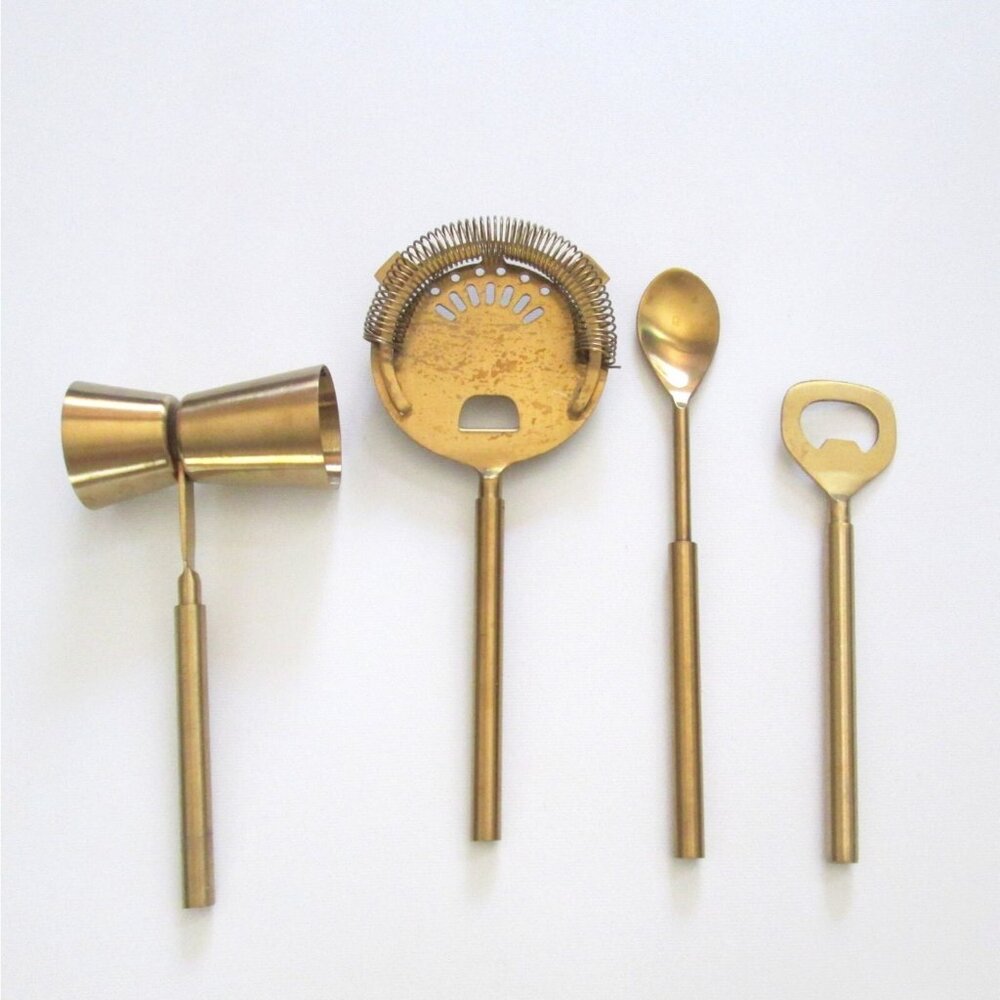 Vintage Brass 4 Piece Bar Tools Set Opener Spoon Jigger Strainer MCM Utensils